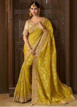 Brilliant Tissue Sequins Green and Mustard Designer Saree