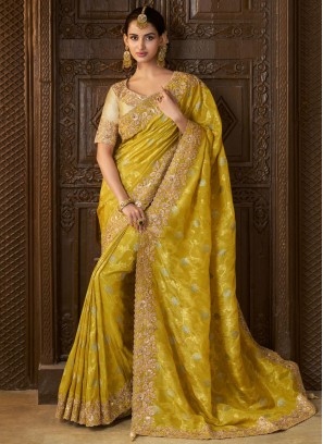 Brilliant Tissue Sequins Green and Mustard Designer Saree