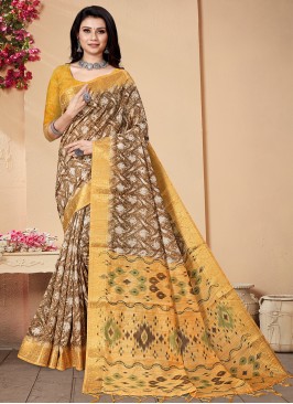 Brown and Mustard Color Contemporary Saree