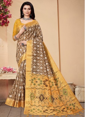 Brown and Mustard Color Contemporary Saree