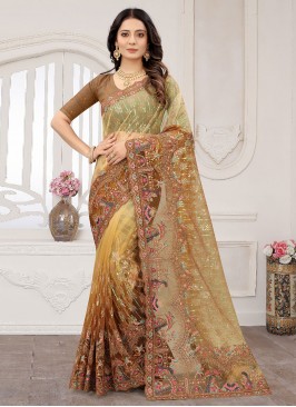 Brown and Yellow Resham Engagement Saree