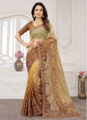 Brown and Yellow Resham Engagement Saree