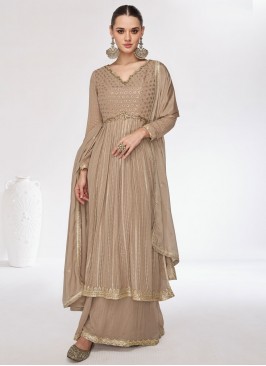 Brown Chinon Ceremonial Trendy Designer Salwar Kameez