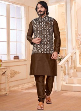 Brown Color Art Silk Kurta Jacket Set