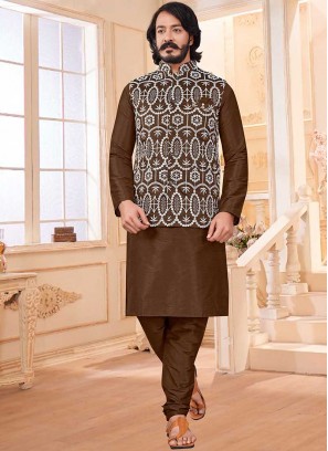 Brown Color Art Silk Mens Kurta Jacket Set