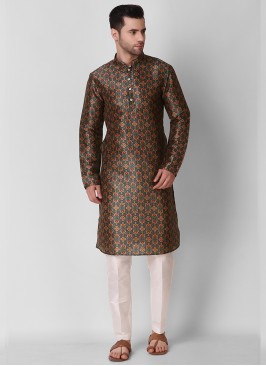 Brown Color Art Silk Print Mens Kurta Set