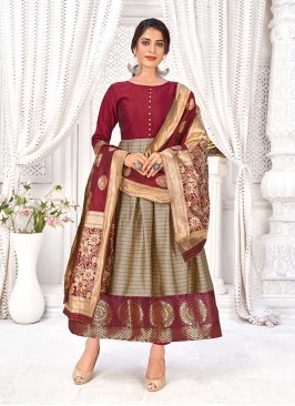 Brown Color Banarasi Silk A Line Kurti