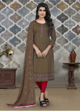 Brown Color Cotton Embroidered Material