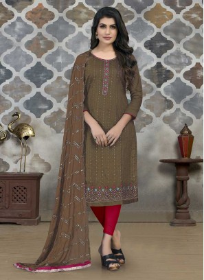 Brown Color Cotton Embroidered Material