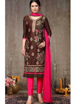 Brown Color Cotton Embroidered Suit
