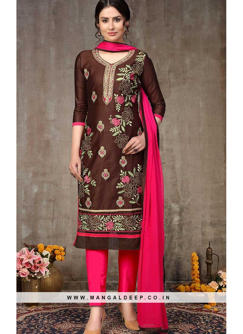 Brown Color Cotton Embroidered Suit
