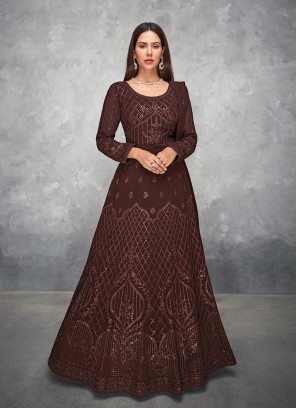 Brown Color Georgette Embroidered Anarkali Suit