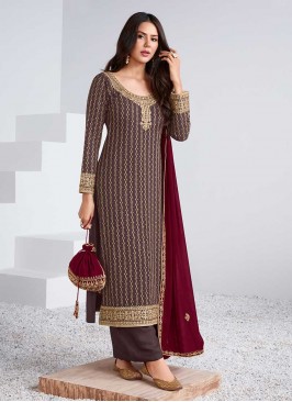 Brown Color Georgette Embroidered Suit
