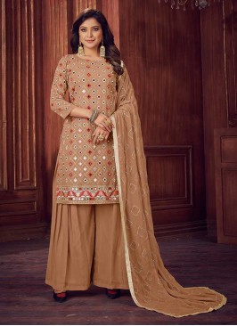 Brown Color Georgette Mirror Work Sharara Suit