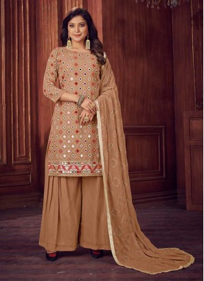 Brown Color Georgette Mirror Work Sharara Suit