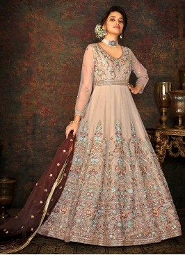 Brown Color Net Embroidered Anarkali Suit