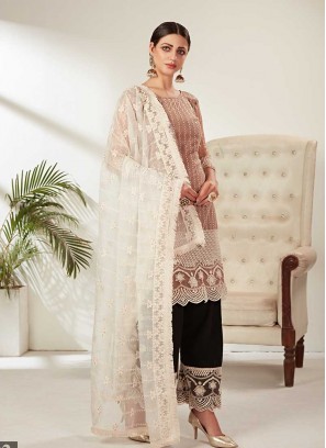 Brown Color Net Embroidered Pakistani Suit