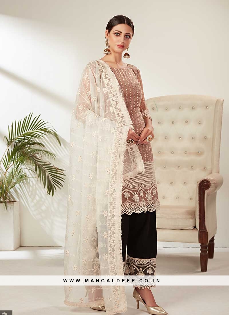 Brown Color Net Embroidered Pakistani Suit