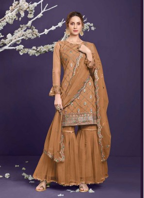 Brown Color Net Sharara Suits