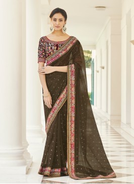 Brown Color Organza Embroidered Saree