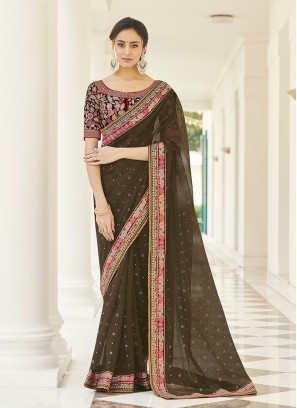 Brown Color Organza Embroidered Saree