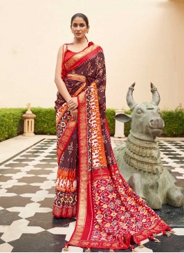 Brown Color Patola Silk Saree For Ladies