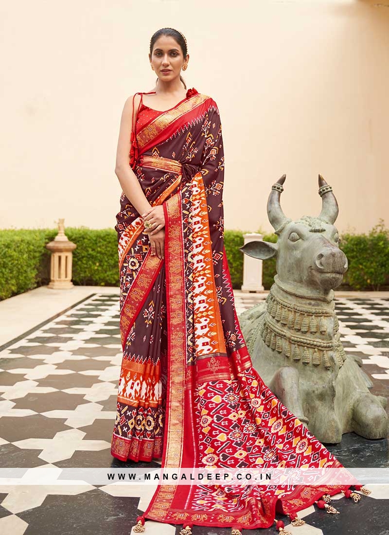 Brown Color Patola Silk Saree For Ladies