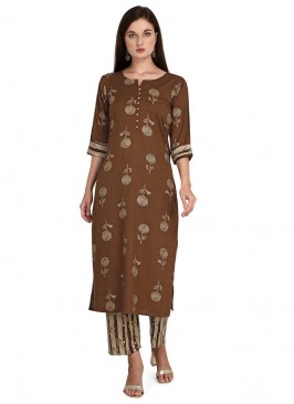 Brown Color Rayon Kurti With Bottom