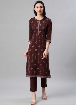 Brown Color Rayon Kurti With Bottom