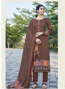 Brown Color Satin Printed Suit
