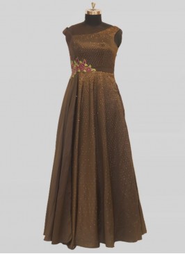 Brown Color Satin Stone Work Sangeeta Function Wear Gown
