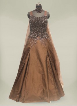 Brown Color Sequins Work Floor Length Gown