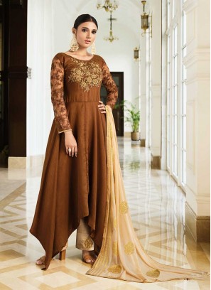 Brown Color Silk Embroidered Salwar Suit