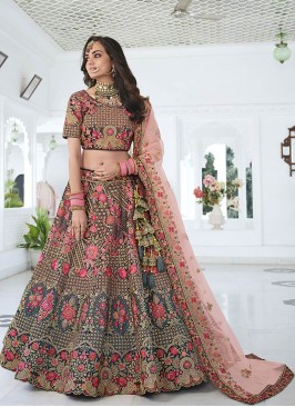 Brown Color Thread Work Bridal Lehenga