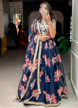 Navy Blue Elegance: Organza Wedding Lehenga Choli Ensemble