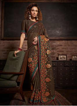 Brown Embroidered Chinon Classic Saree