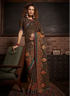 Brown Embroidered Chinon Classic Saree