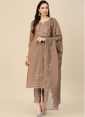Brown Embroidered Chinon Straight Kurta with Trouser & Dupatta