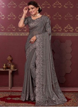 Brown Embroidered Classic Saree