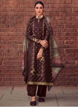 Brown Embroidered Long Length Salwar Kameez