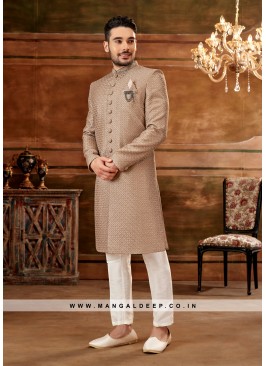 Brown Navabi Indo Western Embroidered Art Banarasi Silk Sherwani with Art Silk Aligadhi Bottom.