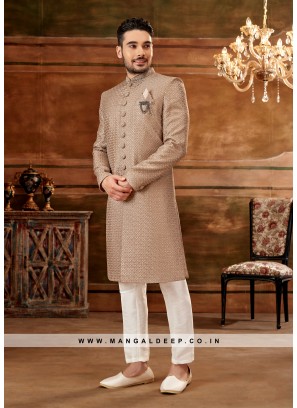 Brown Navabi Indo Western Embroidered Art Banarasi Silk Sherwani with Art Silk Aligadhi Bottom.