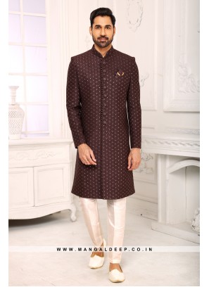 Brown Navabi Indo Western Embroidered Art Banarasi Silk Sherwani with Art Silk Aligadhi Bottom.