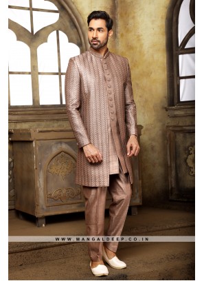 Brown Navabi Indo Western Embroidered Art Banarasi Silk Sherwani with Art Silk Aligadhi Bottom.