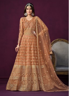 Brown Net Anarkali Salwar Kameez