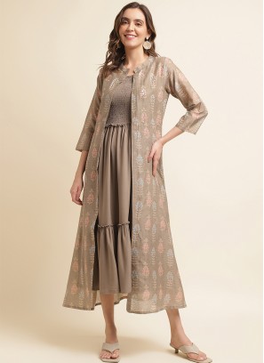 Brown Rayon Solid Dress with Printed Shrug