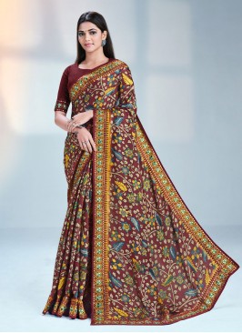 Brown Silk Embroidered Classic Saree