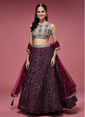 Burgundy Engagement Net Lehenga Choli
