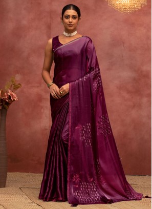 Burgundy Floral Patterns Satin Silk Trendy Saree