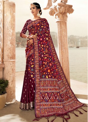 Burgundy Woven Blended Cotton Contemporary Style Saree